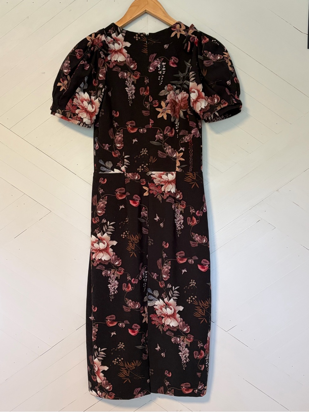 Floral Puff-Sleeve Midi Dress - Black with Pink Floral - Picture 2 of 6